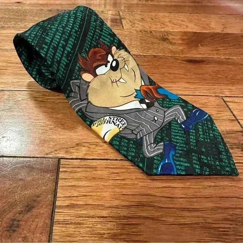 1990s Vintage Looney Tunes Taz Stock Market Neck Tie - Picture 1 of 6